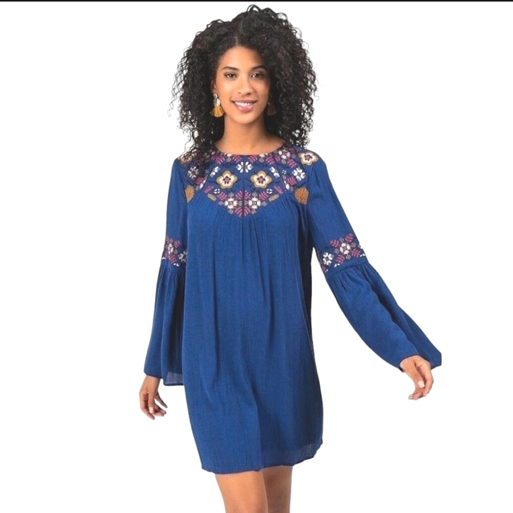 NWT Francesca's Blue Rain Waverly Floral Embroidered Boho Long Sleeve Mini Dress